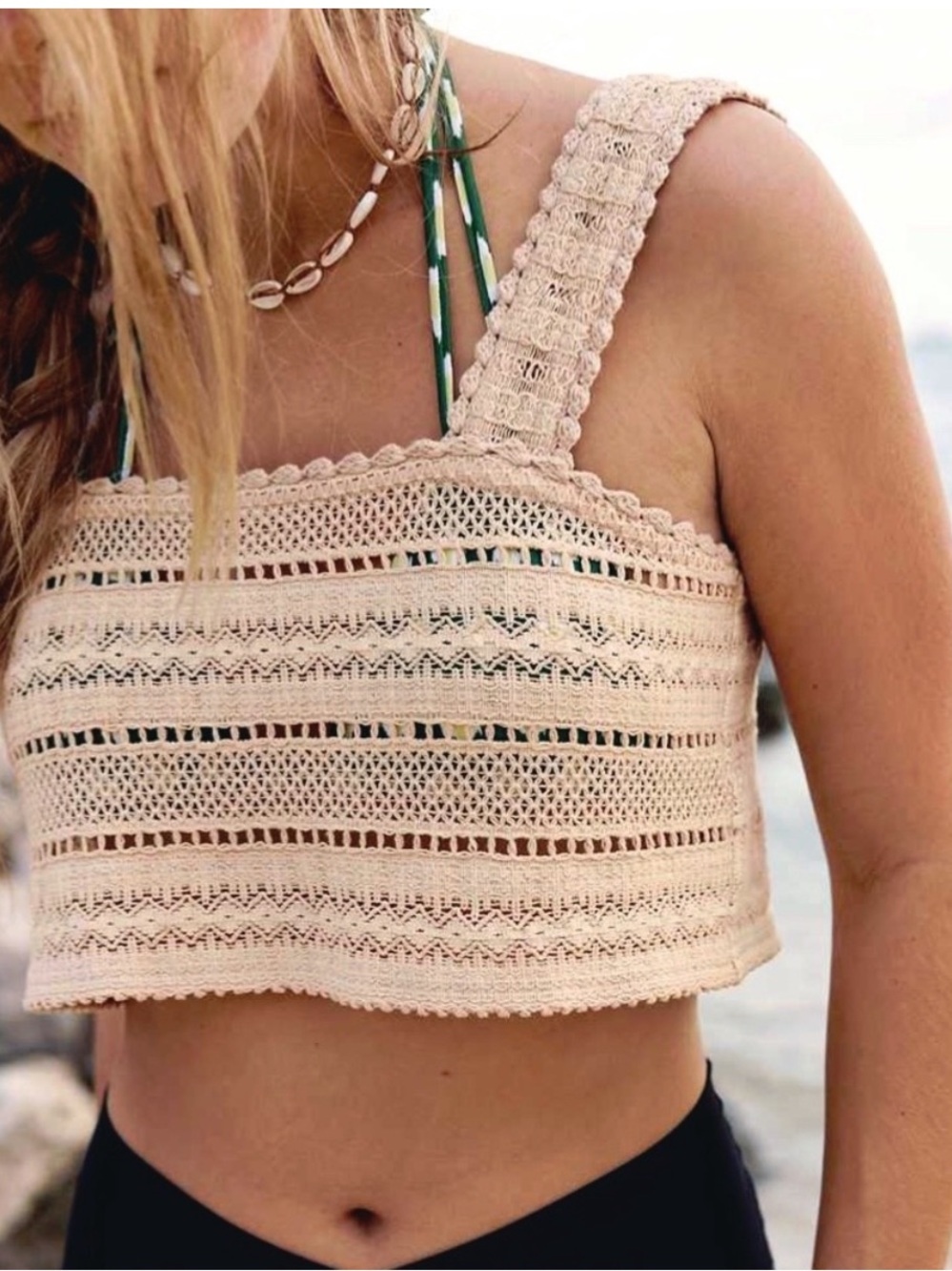 Aerie NWT Crochet Knit Crop Top Boho Cotton Button Front Tank Medium